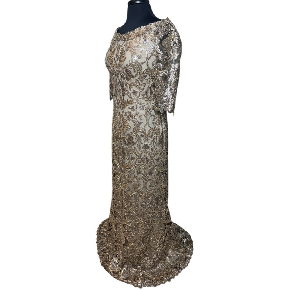 Tadashi Shoji Jemison Champagne Latte Sequin Embroidered Gown Dress Size 8 - Picture 2 of 7